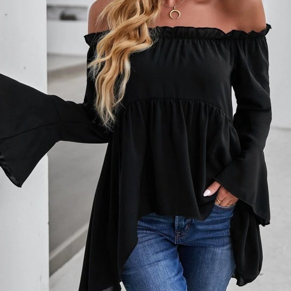 Black Off-shoulder High Low Blouse - Picture 4 of 7